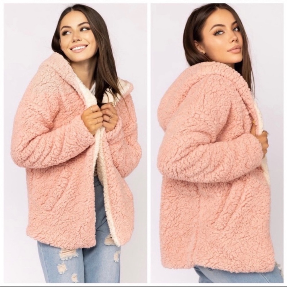 REVERSIBLE Fluffy Teddy Pink and Ivory Jacket - Picture 2 of 8